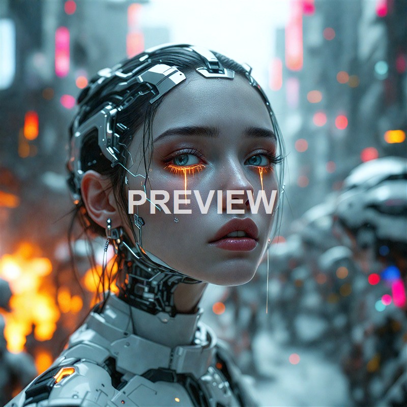 A highly detailed futuristic digital artwork of a female cyborg with blue eyes, cybernetic enhancements on her face and head, set against a dystopian cityscape with neon lights and blurred background.